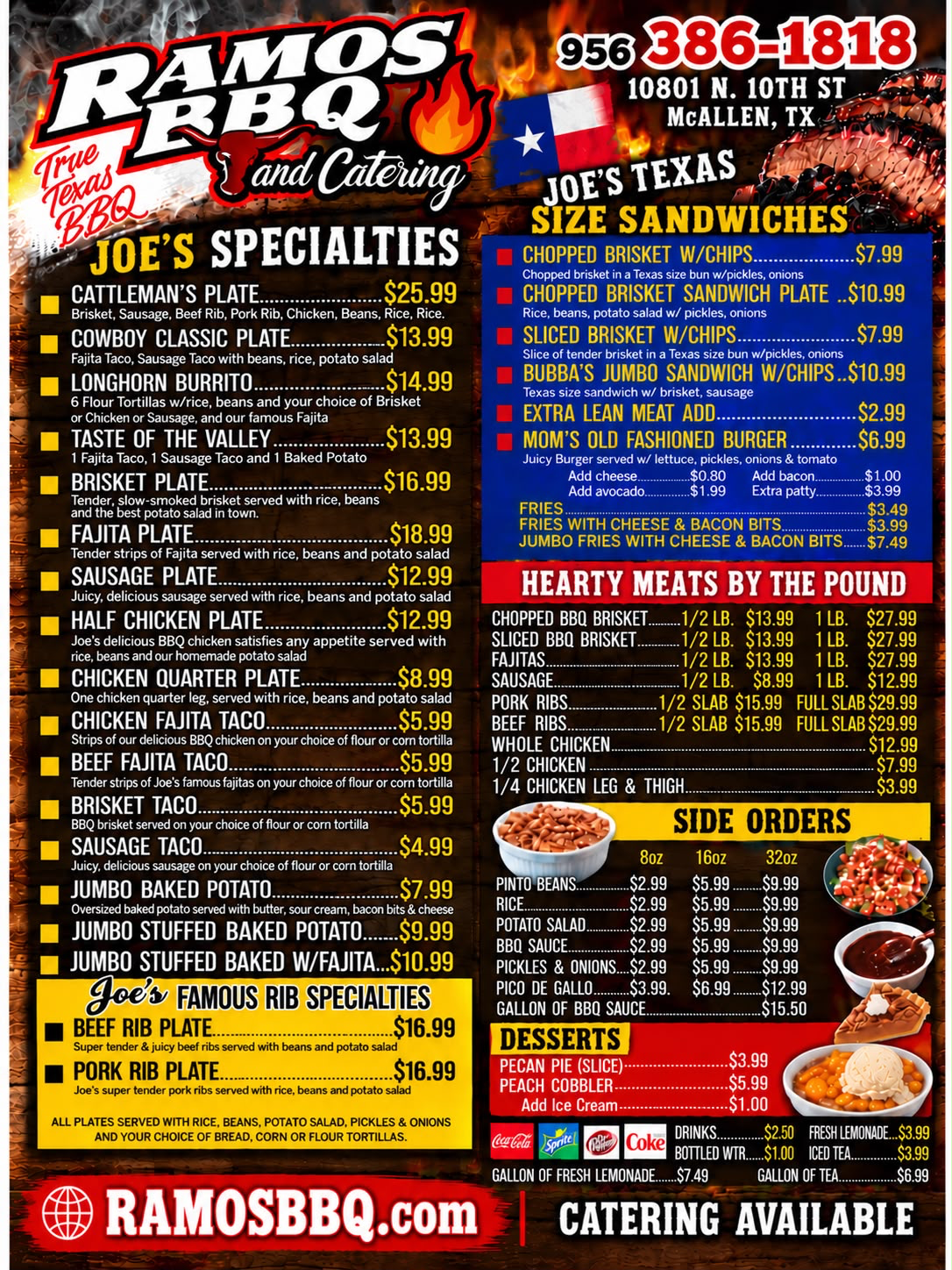 Ramos BBQ Texas Style Menu. Joe's Specialties, Joe's Famous Rib Specialties, Texas Size Sandwiches, Hearty Meats by the Pound, Side Orders, Desserts, and Drinks. Every item and price is also listed as text below.
